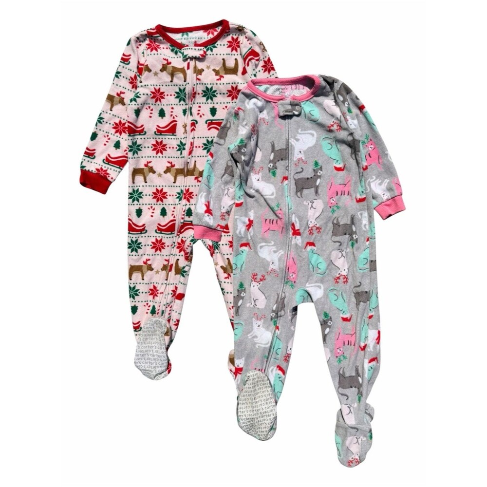 Carter’s Fleece Pajamas Girls 24M 2-Pack Holiday Cat Reindeer Footed Festive